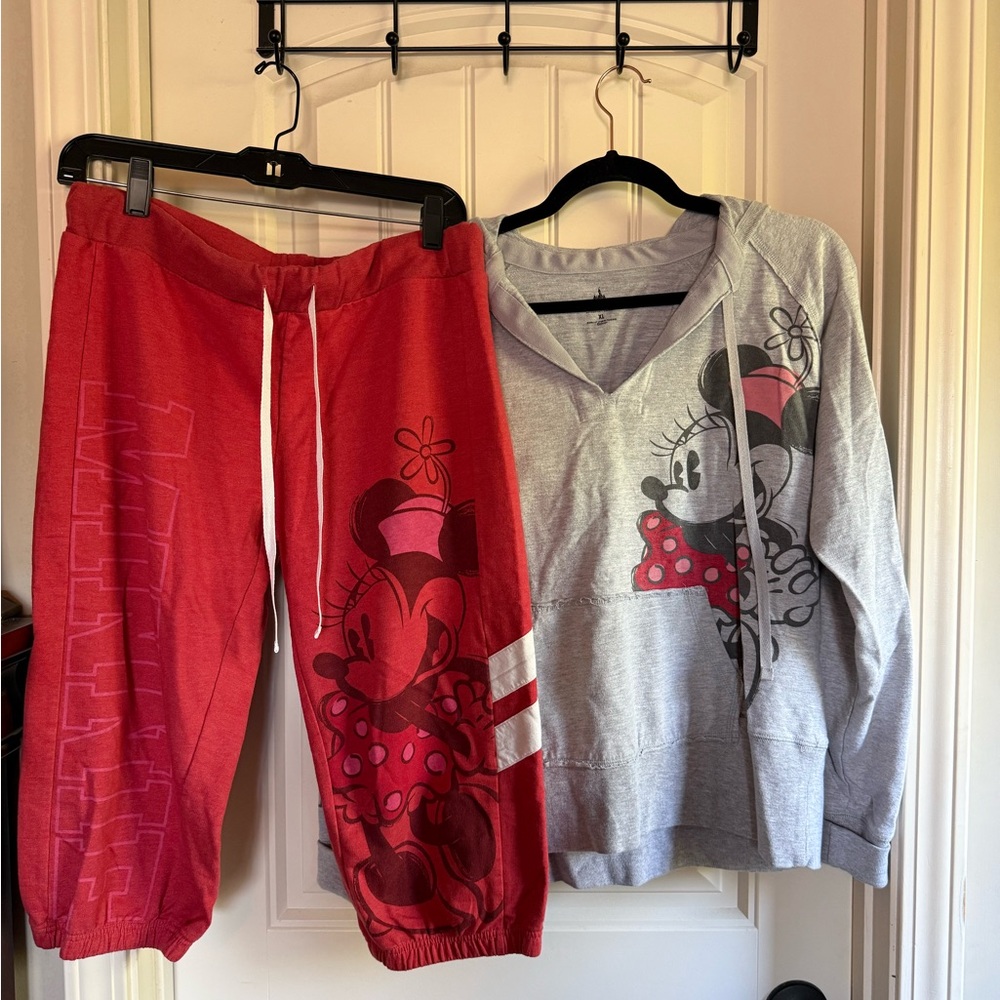 Vintage Disney Parks Minnie Mouse Women’s Capri Hoodie Set- Red, Pink and Gray.
